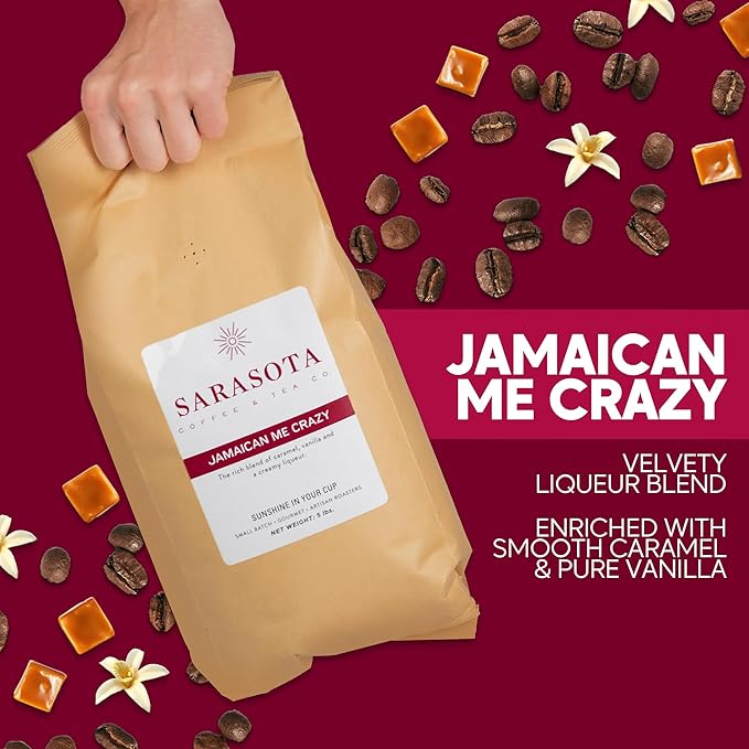 Sarasota Coffee Whole Bean Jamaican Me Crazy | Medium Roast Gourmet Flavored Coffee Beans | Low Acid, Mold Free, Specialty Grade Bulk Beans | 5lb (80 oz)