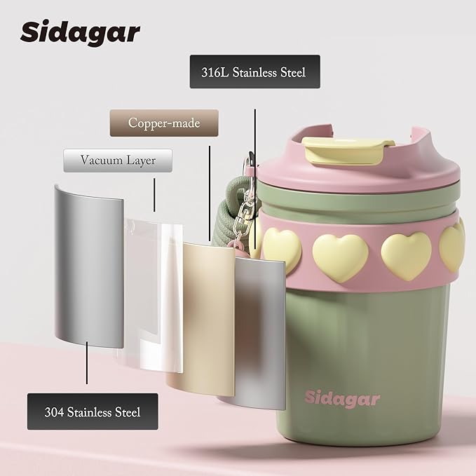 12 oz Travel Coffee Mug Spill Proof Leak Proof, Stainless Steel Thermal Coffee Cup with Lid, Resuable Cup for Hot and Cold, Portable Tumbler for Women, Green