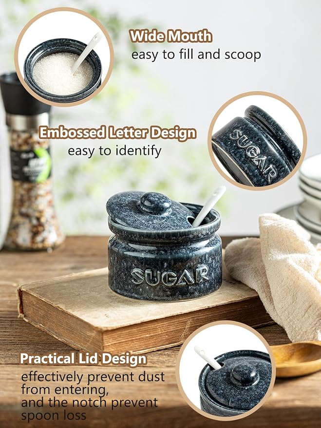 Gomakren Sugar Bowl with Lid and Spoon, Sugar Container Sugar Dish 10oz, Ceramic Sugar Jar for Coffee Bar, Kitchen, Countertop - Modern Farmhouse Kitchen Christmas Decor, Blue