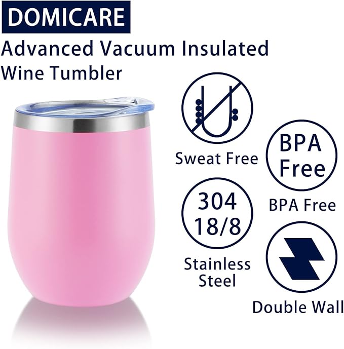 DOMICARE Stainless Steel Wine Tumbler Bulk with Lid, Personalized Insulated Tumblers Set, 12oz Travel Coffee Cups Pack of 16, Pink