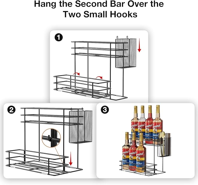 OVICAR Coffee Syrup Organizer Rack - 8 Bottle Holder Stand for Coffee Bar & Station Accessories with Straw & Pod Basket, 2 Tiers Black