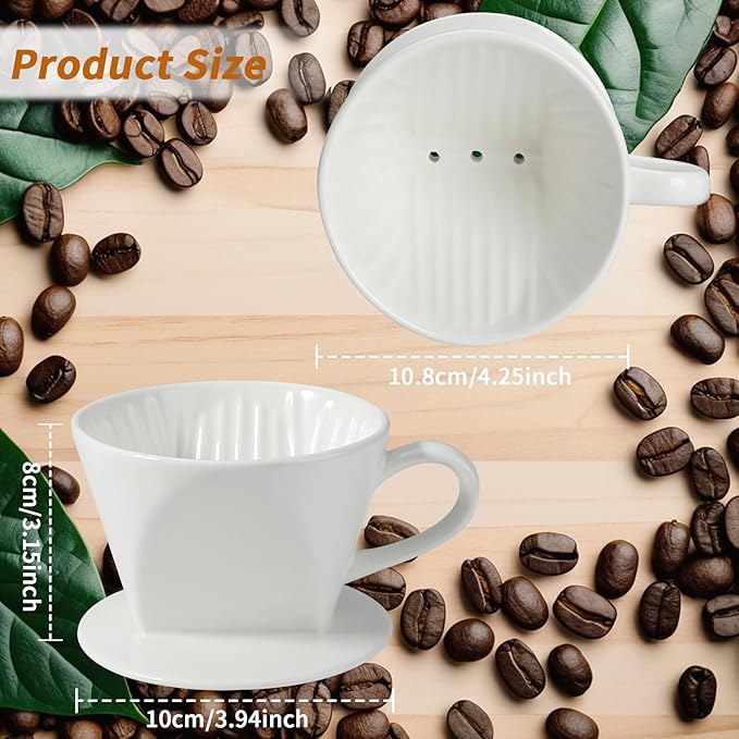 Mongdio Pour Over Coffee Maker, Ceramic Pour Over Dripper, Coffee Pour Over with 3 Holes Flat Bottom, Coffee Accessories for Home, Size 02 White