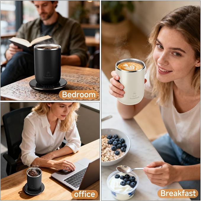 Automatic Self Stirring Coffee Mug with Temperature Control,Type-C Magnetic Mixing Cup,3 Heat Levels,8-Hour Shut-Off,USB Rechargeable Stainless Steel Smart Mug for Tea Milk Protein Shakes White 11oz