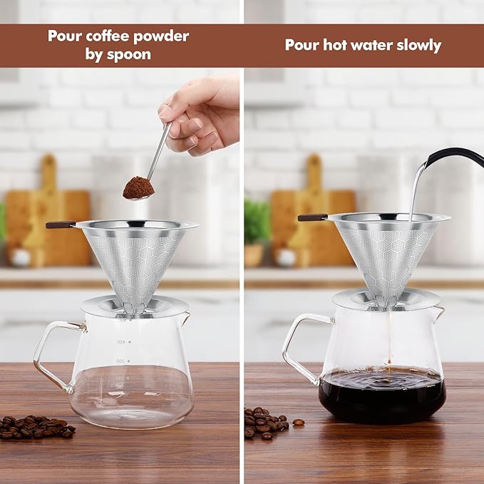 Pour Over Coffee Dripper, LOOFORE Stainless Steel Coffee Filter, Metal Cone Filter Paperless Reusable Coffee Filter Single Cup Coffee Maker 1-2 Cup, with Spoon and Silicone Tray, Cleaning Brush