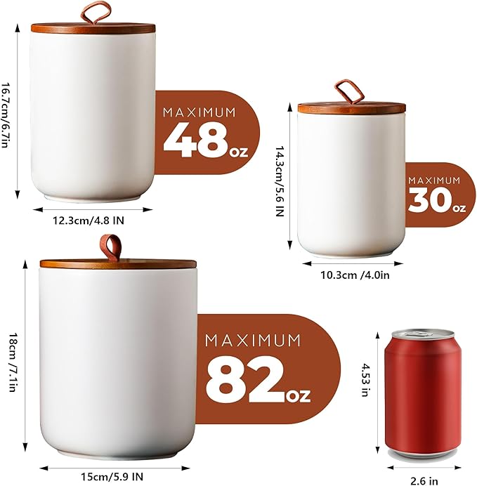 JOJUNO White Ceramic Food Storage Canister Set (30 oz, 48 oz, 82 oz) with Bamboo Lids, 3-Piece Airtight Jars for Flour, Sugar, Coffee, Tea, Oats, Spice – Kitchen Storage Containers with Lids