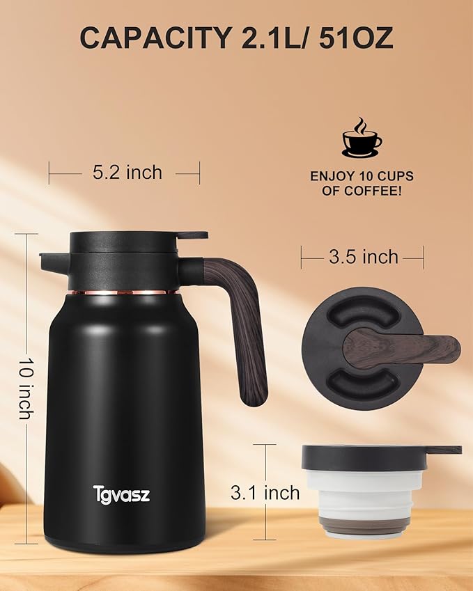 51 Oz Carafes for Hot Liquid, Stainless Steel Insulated Vacuum Thermal Coffee Carafes For Keeping Hot, 1.5 Liter Coffee Dispenser(Black/Black)