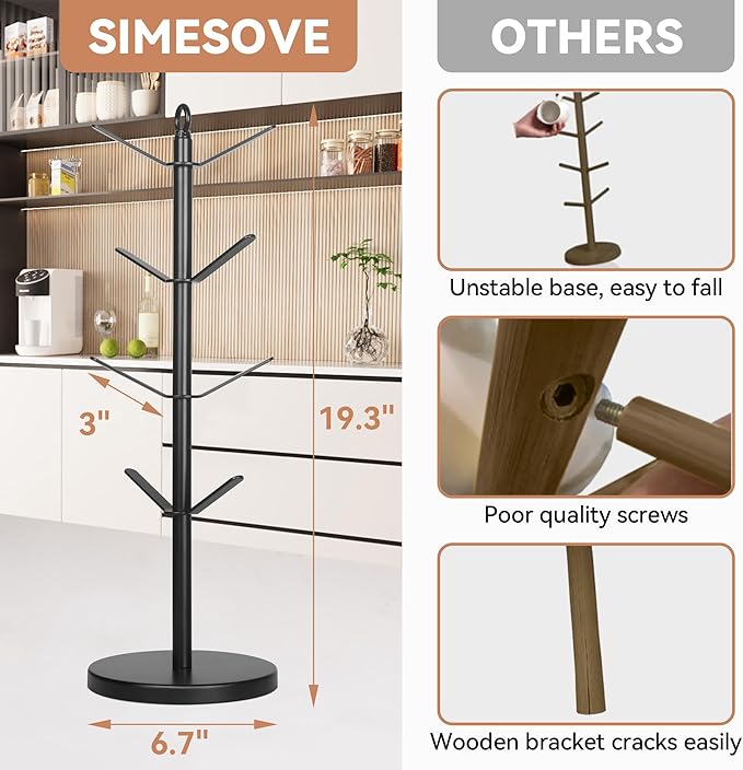 simesove Coffee Mug Holder, Non-Slip Cup Tree with 8 Hooks, Wood Stand Organizer for Counter, Bar and Kitchen Home Decor (Black)