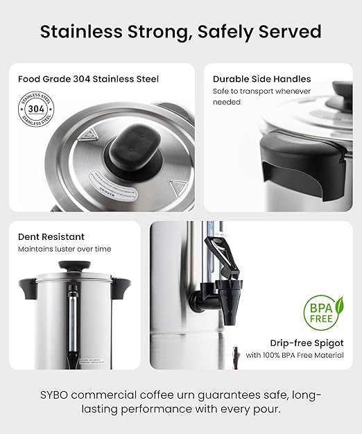 SYBO 120 Cup Commercial Coffee Urn & Hot Beverage Dispenser Stainless Steel Percolate Maker Fast Brew Keeps Warm – Ideal for Tea Water at Events Catering 18 L Metallic