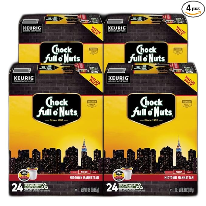 Chock full o’Nuts Midtown Manhattan Keurig K-Cup Pods for Keurig Brewers – Premium Arabica, Medium Roast – Single Serve – 4 Packs of 24 K-Cup Pods