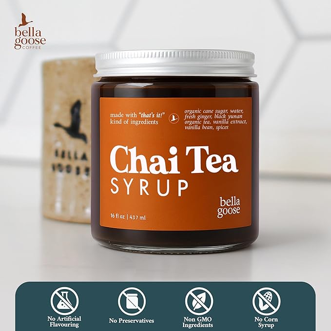 Bella Goose Chai Tea Syrup for Coffee (16oz) - Homemade Chai Tea Latte Syrup with Pure Cane Sugar, Vanilla & Spices - Clean Ingredient - No Artificial Flavors, Oils or Dyes Syrups for Coffee Drinks