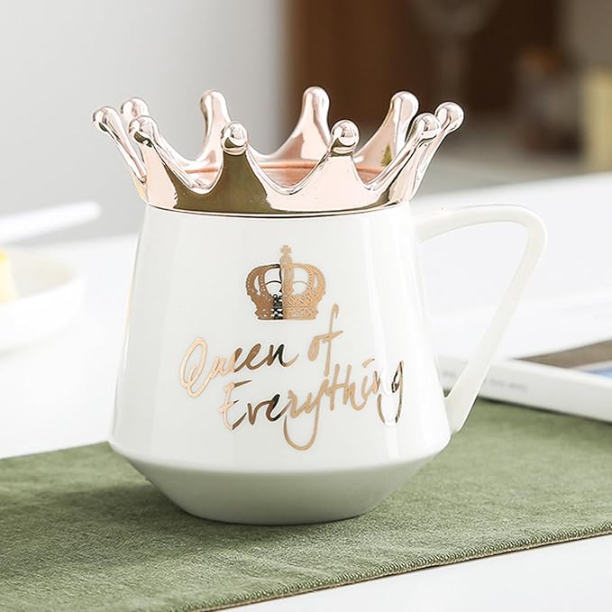 Queen of Everything Mug with Lid Sweet White Mug with Crown Coffee Mugs Gift with Spoon & Coaster 12 oz Ceramic Cup Birthday Gift for Women Girls Mom Girlfriend Mothers Day Gifts for Women