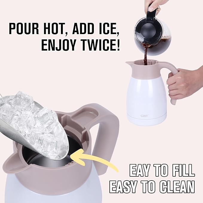 GiNT 1L / 34Oz Thermal Coffee Carafe, Insulated Stainless Steel Coffee Carafes for Keeping Hot/Double Walled Vacuum Thermal Carafe (White)