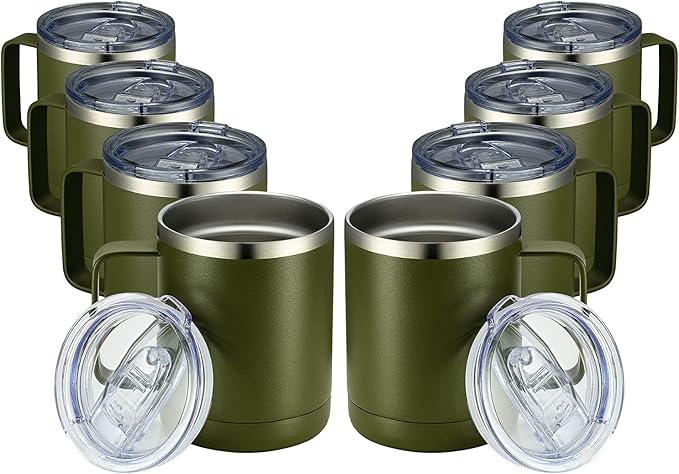 MEWAY 12oz Coffee Mug With Handle 8 Pack Bulk,Stainless Steel Insulated Travel Tumblers With Sliding Lid,Double Wall Vacuum Camping Cup for Hot & Cold Drinks Tea (Army Green,Set of 8)
