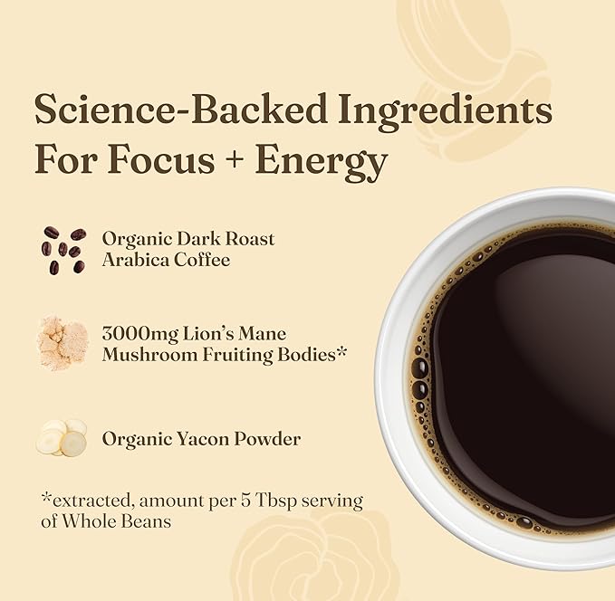 Four Sigmatic Dark Roast Organic Whole Bean Coffee | Whole Beans Coated with Lion's Mane, Chaga Mushrooms | Nootropic Mushroom Coffee for Enhanced Brain Function & Immune Support | 12oz