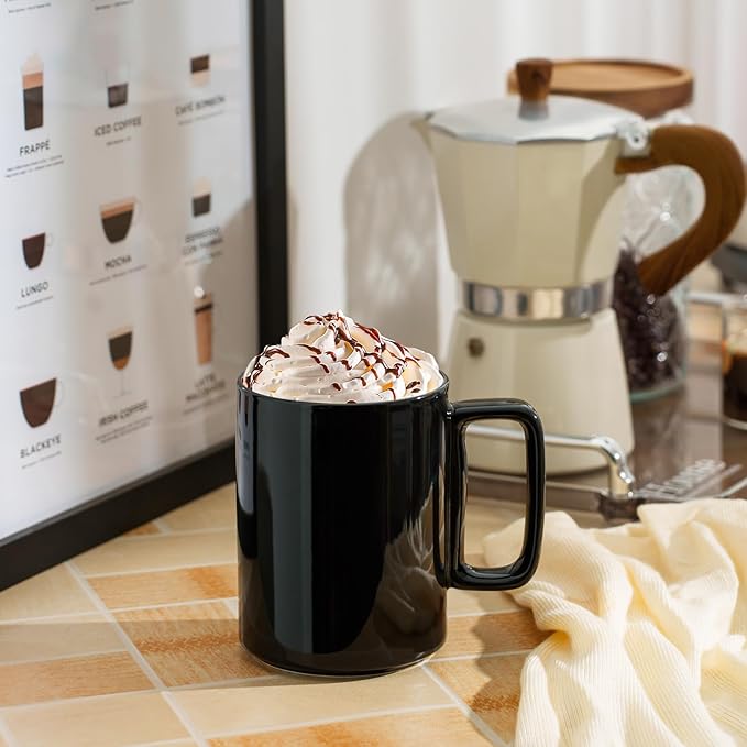 E-liu Porcelain Tea Mugs Coffee Mug Set, Large 15 Ounces Cups for Coffee, Tea, Cocoa, and Mulled Drinks, Set of 6, Black