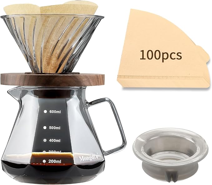 Mongdio Pour Over Coffee Maker, 20 oz High-Heat Borosilicate Glass Coffee Maker with 100pcs V60 Paper Filters, Walnut Handle & Glass Lid, Drip Coffee Maker Set for Home Café Restaurant - 600ml, Gray