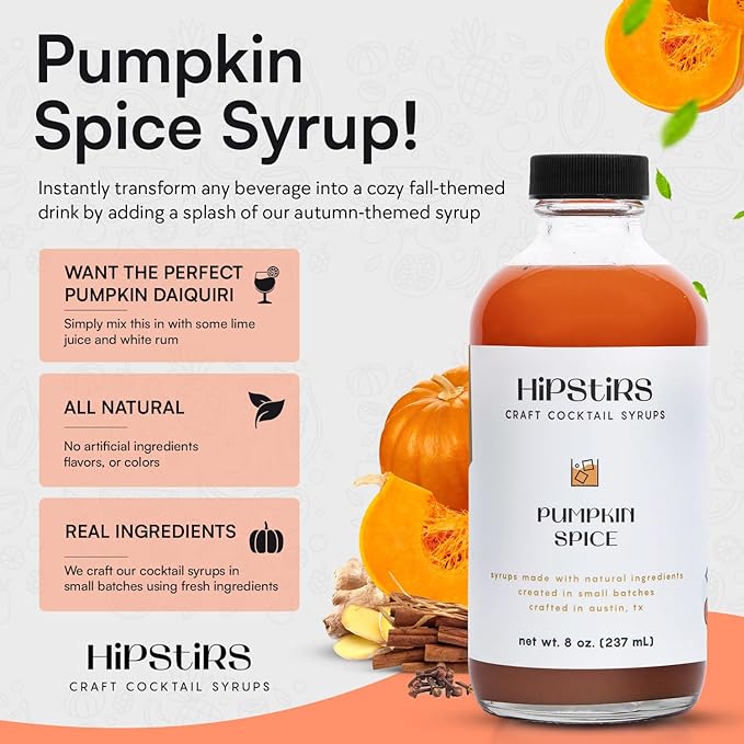 HipStirs Pumpkin Spice Syrup - Our Mix uses Real Ingredients like Pumpkin Puree to Make it a Perfect Spice Latte Mix - Real Infused Syrup (8 Fl Oz)
