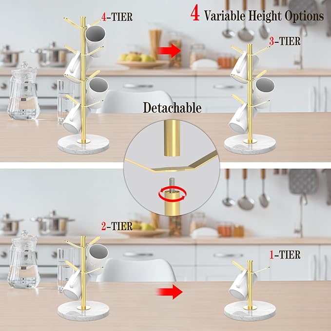 Marble Mug Holder Tree with 8 Hooks, Stainless Steel Coffee Cup Holder, Non-Slip Silicone Pads, Heavy Duty Marble Base, Countertop Organizer for Kitchen & Cafe, Gold
