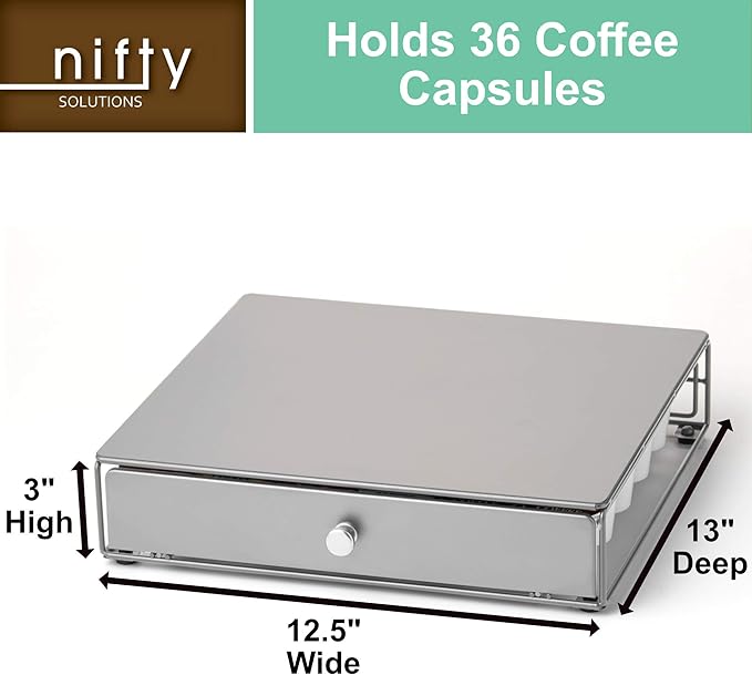 Nifty Coffee Pod Drawer - Silver Finish, Compatible with K-Cups, 36 Pod Pack Holder, Non-Rolling, Compact Under Coffee Pot Storage Sliding Drawer, Slim Home Kitchen Counter Organizer