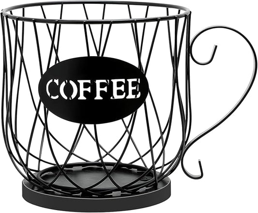 Coffee Pod Holder Organizer, Large Capacity K Cup Holder Organizer, Storage Basket for Kitchen Countertop Office Coffee Bar with Wooden Base(Rustic Black-Round)