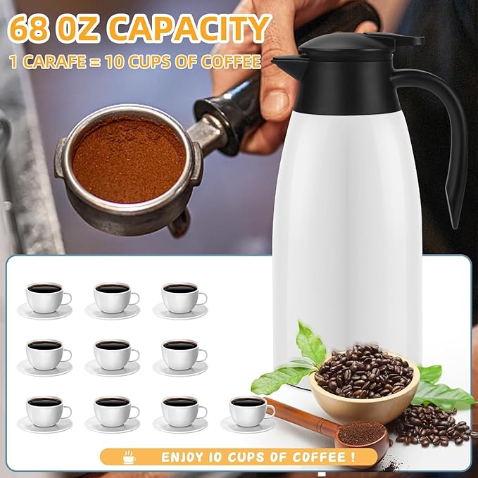 68oz Thermal Coffee Carafe, 2 Pack Airpot Insulated Coffee Urns Stainless Steel Vacuum Thermal Pot Dispenser for Coffee, Hot Water, Tea, Hot Beverage - Keep 12 Hours Hot, 24 Hours Cold (White)