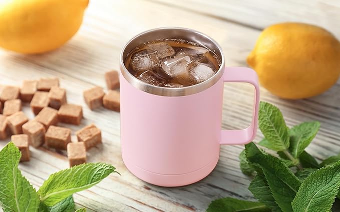 MEWAY 12oz Coffee Mug With Handle and Sliding Lid,Stainless Steel Travel Tumbler Cup with Handle,Double Wall Vacuum Insulated Camping Cup for Hot & Cold Drinks Tea (Pink,Set of 1)