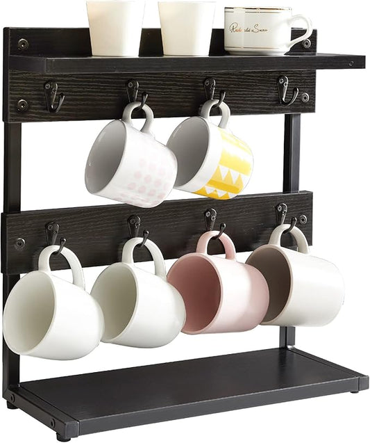 IBUYKE Rustic Coffee Mug Holder Stand, 2 Tier Countertop Mug Tree Holder Rack with Storage Base, Vintage Mug Holders for Kitchen, Holds 8 Mugs, Black UTBJ002B