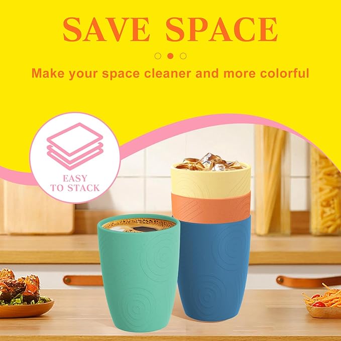 Homienly Wheat Straw Cups Alternative to Plastic Cups Set of 4 Premium Drinking Glasses - 12 OZ, Unbreakable Drinking Cups, Dishwasher & Microwave Safe Tumbler Cups for Kitchen, Kids, Picnic - Multi