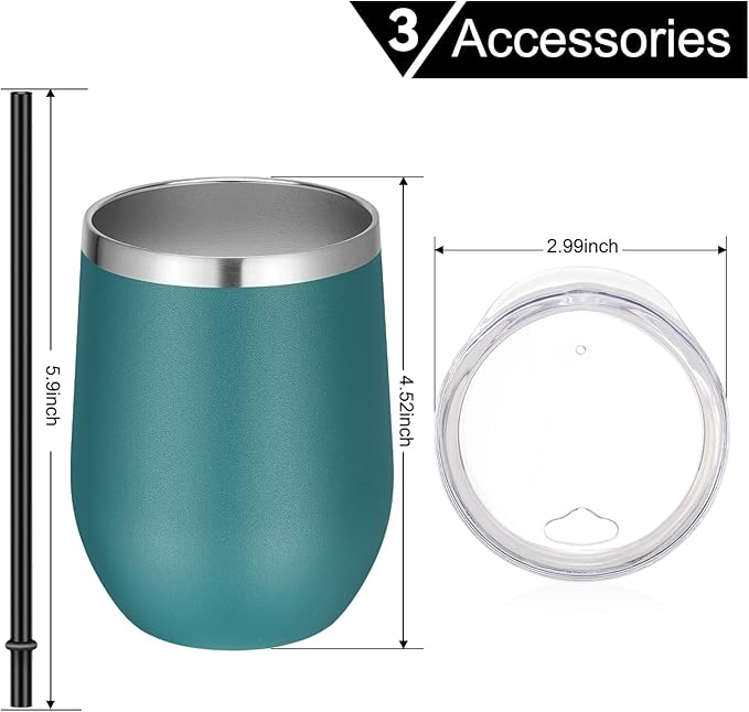 VEGOND 12oz Stainless Steel Wine Tumbler with Lid and Straw, Double Wall Vacuum Insulated Stemless Wine Glass Tumbler Cup, Coffee Mug for Cold Hot Drinks