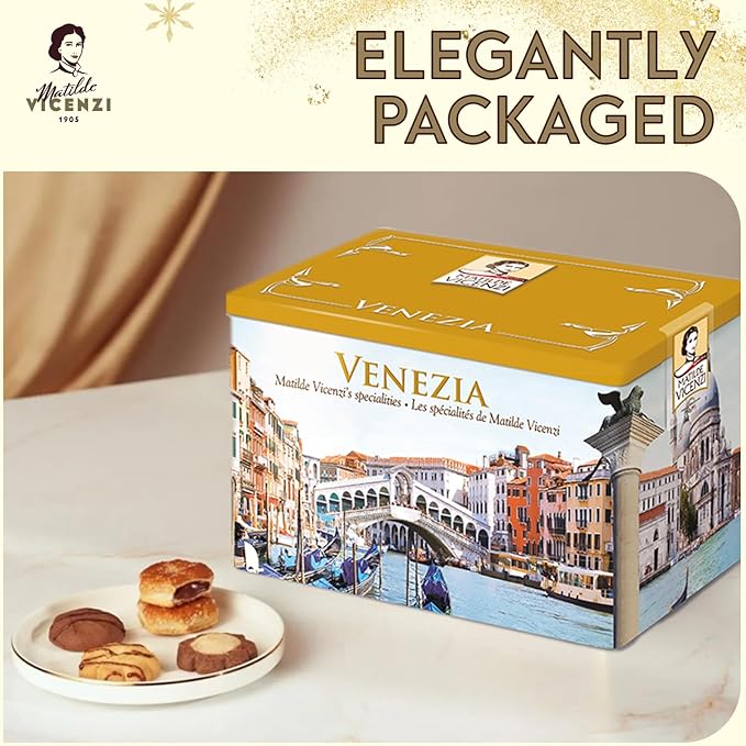 Matilde Vicenzi Venezia Cookie Gift Tin - Italian Pastries & Cookies in Individually Wrapped Trays - Gourmet Gifts For Thanksgiving & Christmas - Assorted Cookies in Italian Design Tin 32.5oz (920g)