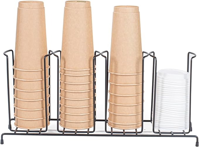Restaurantware Restpresso 18.5 Inch x 5 Inch x 8.5 Inch Coffee Cup Organizer 1 4-Section Cup And Lid Organizer - Wire Design Compact Black Iron Wire Cup Dispenser For Countertops And Storage