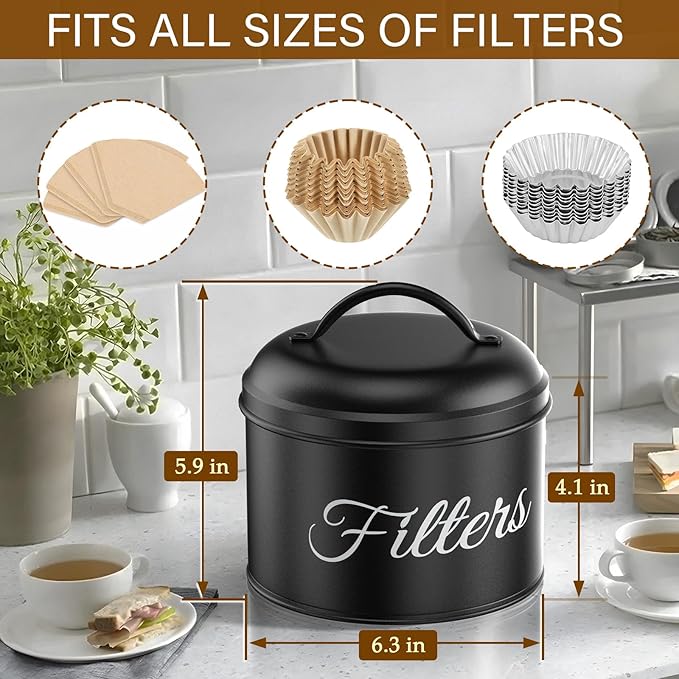 Coffee Filter Holder for Counter, Large Basket Coffee Filter Storage with Lid, Round Container for Bar Accessories Decor (Black)
