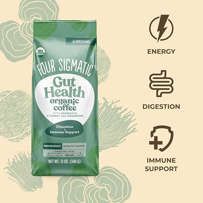 Four Sigmatic Gut Health Organic Ground Coffee | Medium Roast, Immune Boosting Probiotic Mushroom Coffee with Chaga & Turkey Tail for Gut Health & Immune Support | 12oz Bag