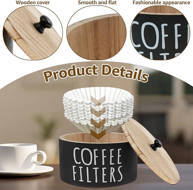 Coffee Filter Holder, Wooden Large Capacity Rustic Coffee Filter Storage Case Dispenser with Bamboo Lid, Round Organizer Basket Container Storage for Pod and Filter, Coffee Bar Accessories