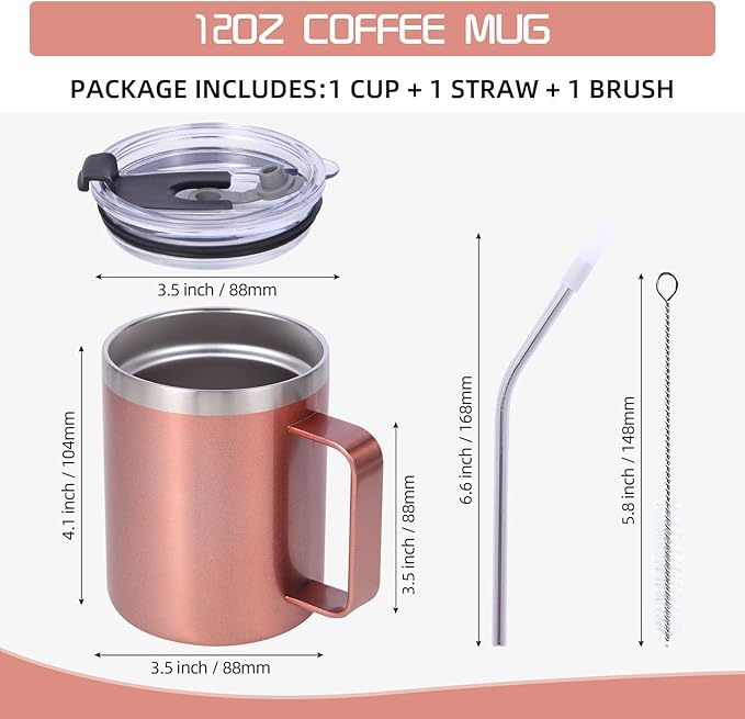 Volhoply 12oz Insulated Leakproof Coffee Mug with Flip & Straw Lid,Double Wall Vacuum Stainless Steel Travel Tumbler Cup with Handle,Reusable Camping Mugs Keep Cold/Hot(Rose Gold,1 Set)