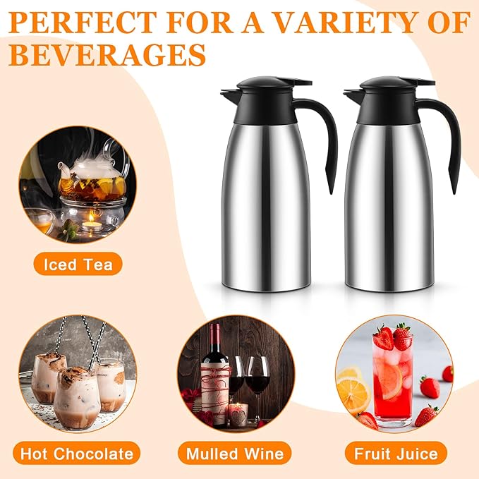 Norme 2 Pcs Thermal Coffee Carafe Insulated Stainless Steel Coffee Carafe for Hot Liquid Vacuum Thermal Pot Creamer Pitcher Dispenser with Brushes Keeping Hot Water Milk(Silver,68 oz)
