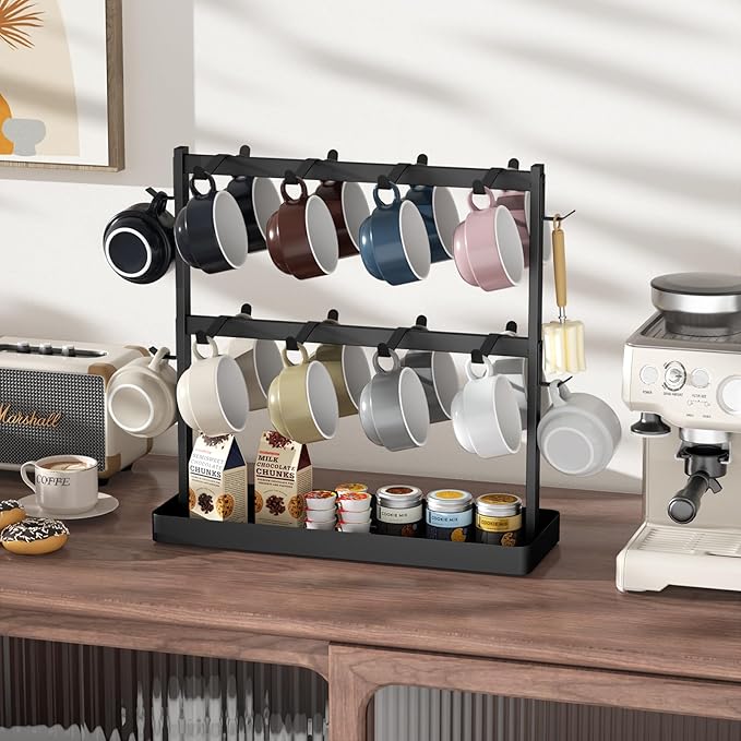 Coffee Mug Holder for Countertop 20 Hooks Mug Tree Rack 2 Tier Counter Cups Mugs Display Stand with Heavy Duty Metal Storage Base for K Cup Kitchen Tea Coffee Bar
