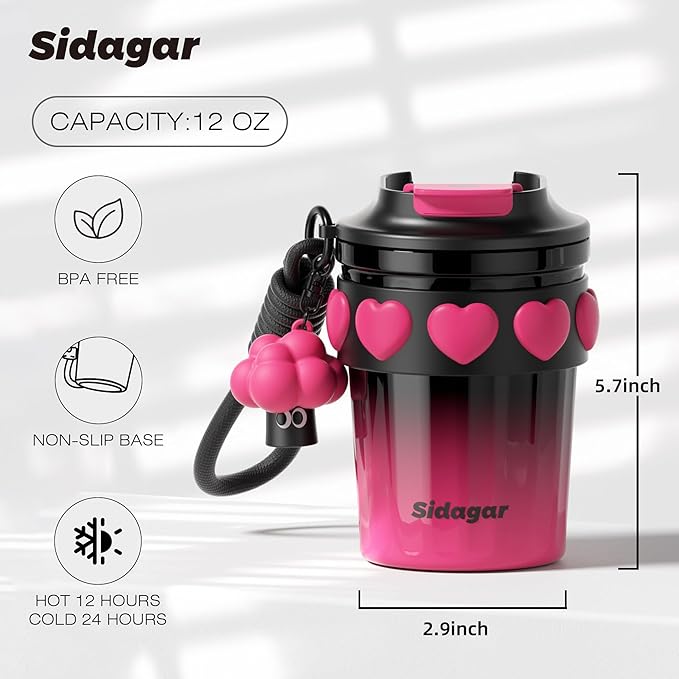 12 OZ Travel Coffee Mug with Lid Spill Proof Leak Proof, Stainless Steel Thermal Coffee Tumbler for Hot and Cold, Resuable Insulated Coffee Cup For Women, Black and Pink