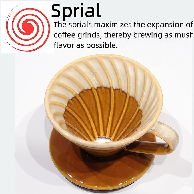 Handmade Ceramic Pour Over Coffee Dripper with 50 Pcs V60 Coffee Filters - Portable Drip Coffee Brewer for Travel, Camping, Office or Home - Artisanal Pottery Gift for Enthusiasts