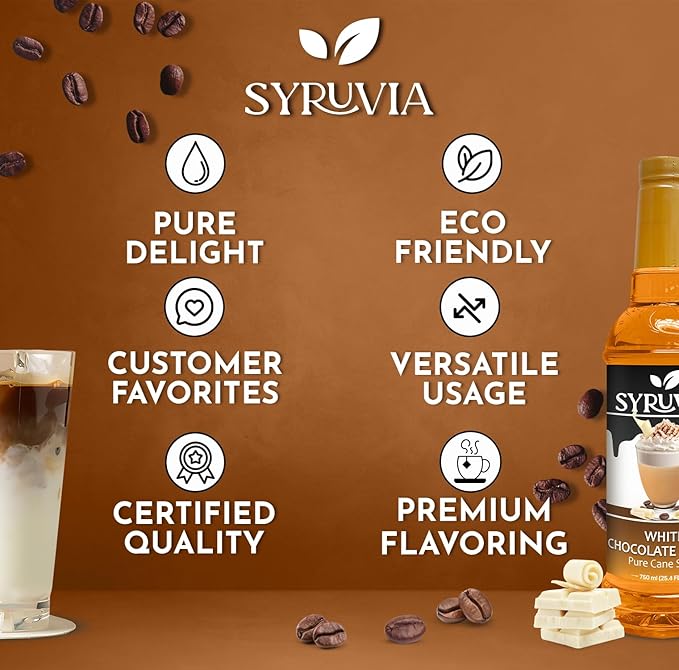 Syruvia Coffee Syrup, White Chocolate Mocha Flavored Syrup for Drinks, Lattes, and Desserts – 25.4 fl oz,