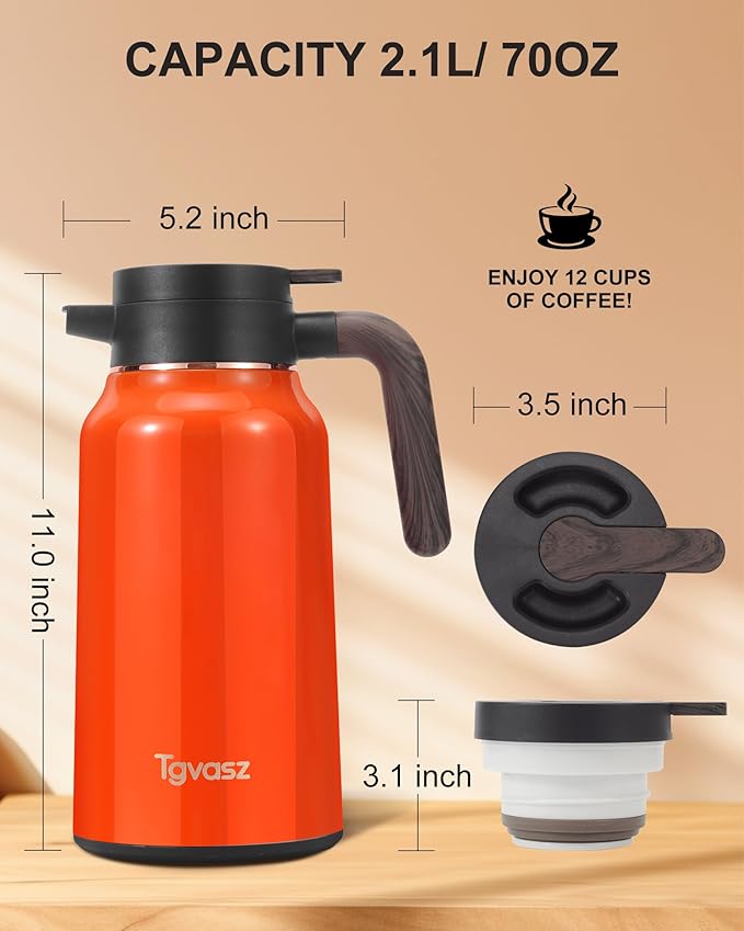 Thermal Coffee Carafe 70 oz - 36 Hours Hot(Stainless Steel Carafes for Hot Liquids-Insulated Coffee Carafes For Keeping Hot/Cold Coffee, Tea, Water, Drink Dispenser for Parties(Orange)