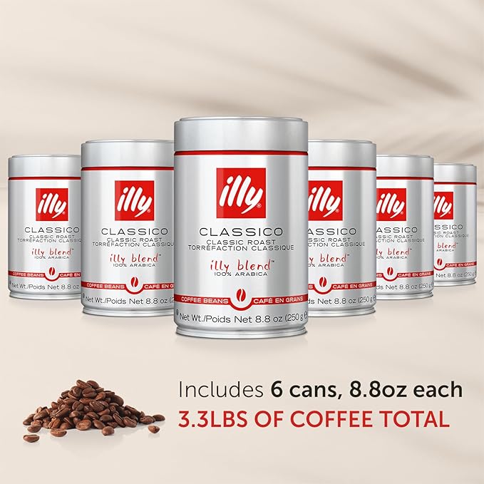 Illy Whole Bean Coffee, Classico Medium Roast - Mild & Balanced - 100% Arabica - Whole Beans - Pressurized Packaging Sealed for Freshness - 8.8oz can (Pack of 6)