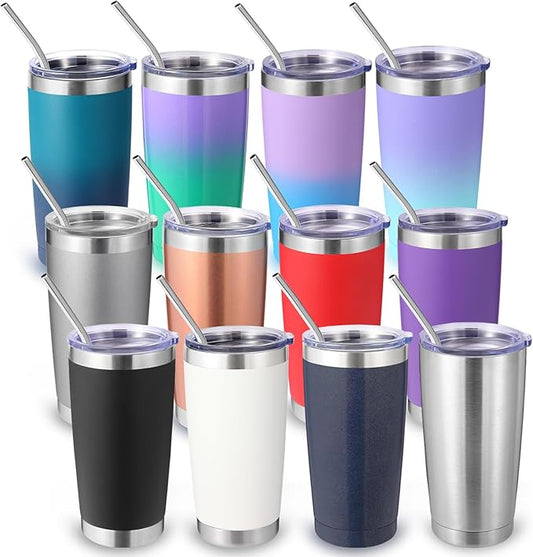 Volhoply 20oz Stainless Steel Tumbler with Lid and Straw Bulk 12 Pack,Double Wall Insulated Travel Iced Coffee Mug Fits Cup holder,Powder Coated Cups for Cold Drinks,Christmas Gifts（Assorted,12 Set）