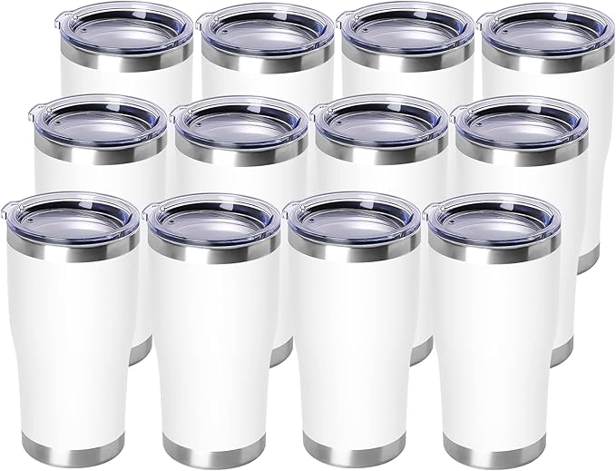 DOMICARE 20oz Tumbler with Lid Stainless Steel Tumblers Bulk, Double Wall Vacuum Insulated Coffee Travel Mug Powder Coated Tumbler, 12 Count (Pack of 1) White