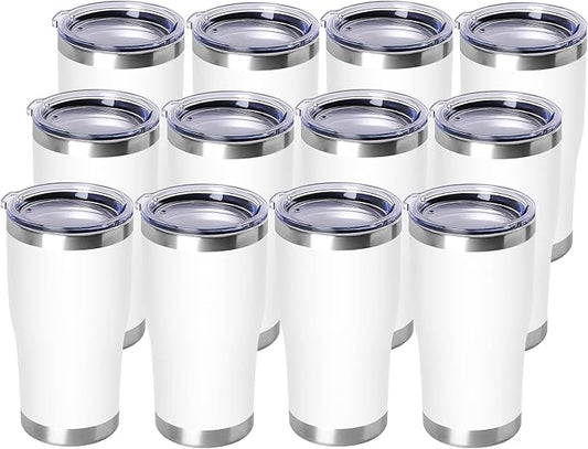 DOMICARE 20oz Tumbler with Lid Stainless Steel Tumblers Bulk, Double Wall Vacuum Insulated Coffee Travel Mug Powder Coated Tumbler, 12 Count (Pack of 1) White