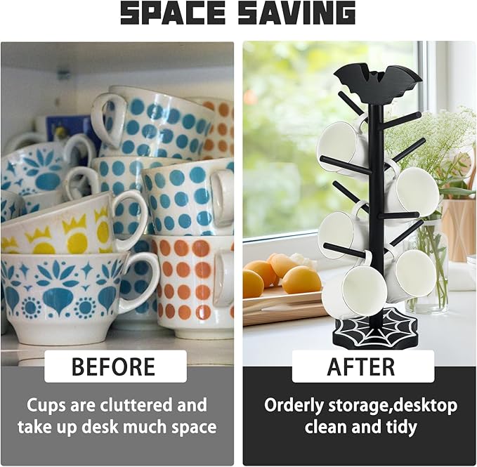 Bat Mug Holder Tree - 8 Hooks Coffee Mug Rack - Gothic Home Decor Wood Coffee Mug Tree for Countertop - Coffee Cup Holder for Halloween Kitchen Organizer & Coffee Bar Accessories (Spider Web)