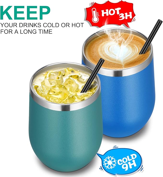 VEGOND Wine Tumblers Bulk 12 Pack, 12oz Stainless Steel Stemless Wine Glass with Lids and Straws, Double Wall Vacuum Insulated Tumbler Cup, Coffee Mug for Cold Hot Drinks