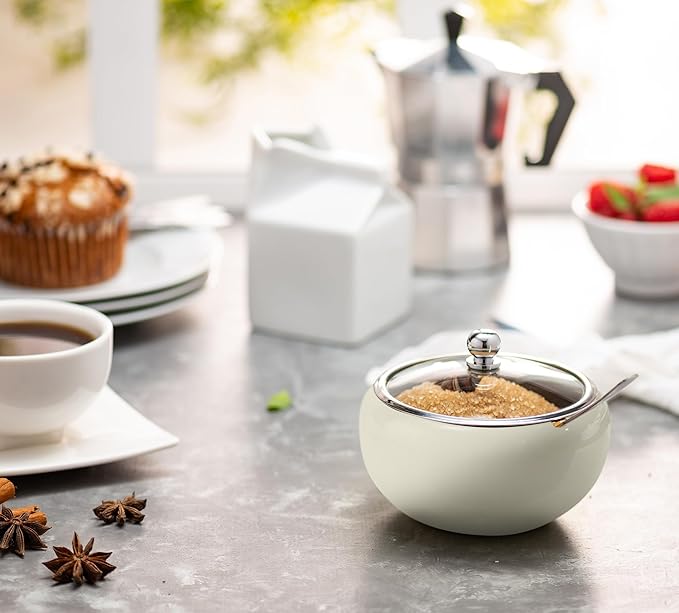 KooK Stainless Steel Sugar Bowl with Lid and Spoon, Serving Dish, Clear Glass Lid, Storage for Salt, Candy, Coffee, Holds 2 Cups, Dishwasher Safe, 16 oz Vintage White Glossy