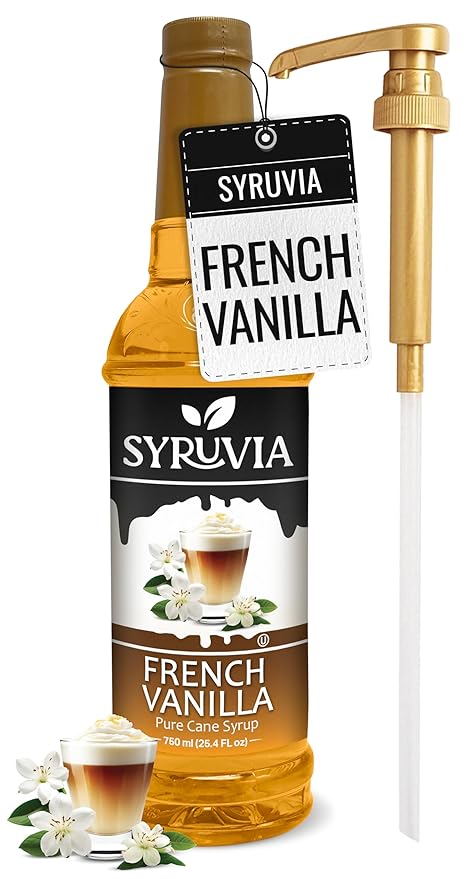 Syruvia Coffee Syrup, French Vanilla Flavored Syrup for Drinks, Lattes, and Desserts – 25.4 fl oz, With Pump