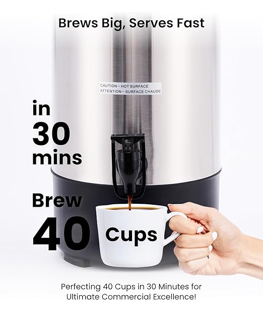 SYBO 45Cup Commercial Coffee Urn, Stainless Steel Percolate Coffee Maker, Hot Water Urn for Catering, Electric Coffee Pot Hot Beverage Dispenser, 6L, Metallic